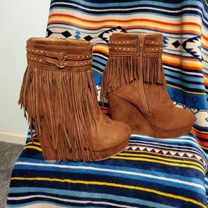 Pazzle suede studded fringe platform wedge booties